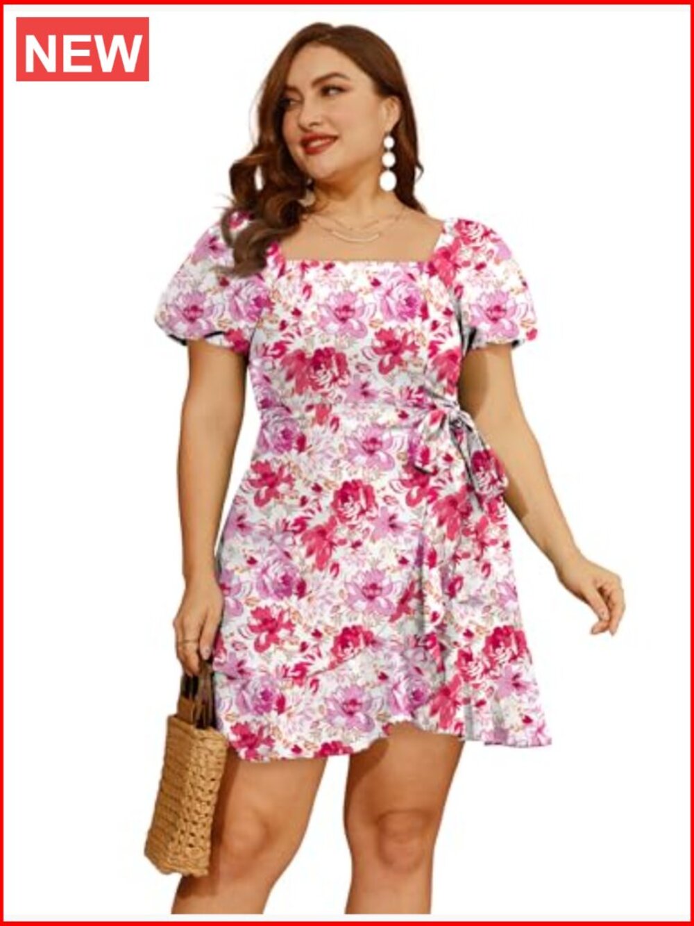 Summer Dress Square Neck Puff Sleeve Tie Waist 100% Polyester - Picture 3 of 4